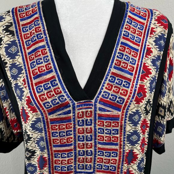 ALM Black Multi Abstract Embroidered V-Neck Boho Ethnic Kaftan Maxi Dress Large - Picture 6 of 13